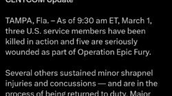 Tiga Tentara AS Tewas dalam Operasi Epic Fury, Lima Luka Serius